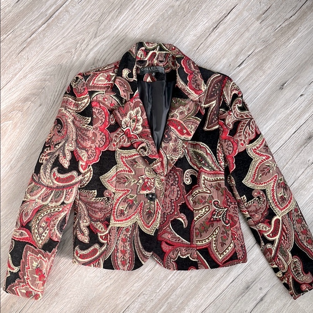 Plush Black and Red Paisley Embroidered Blazer